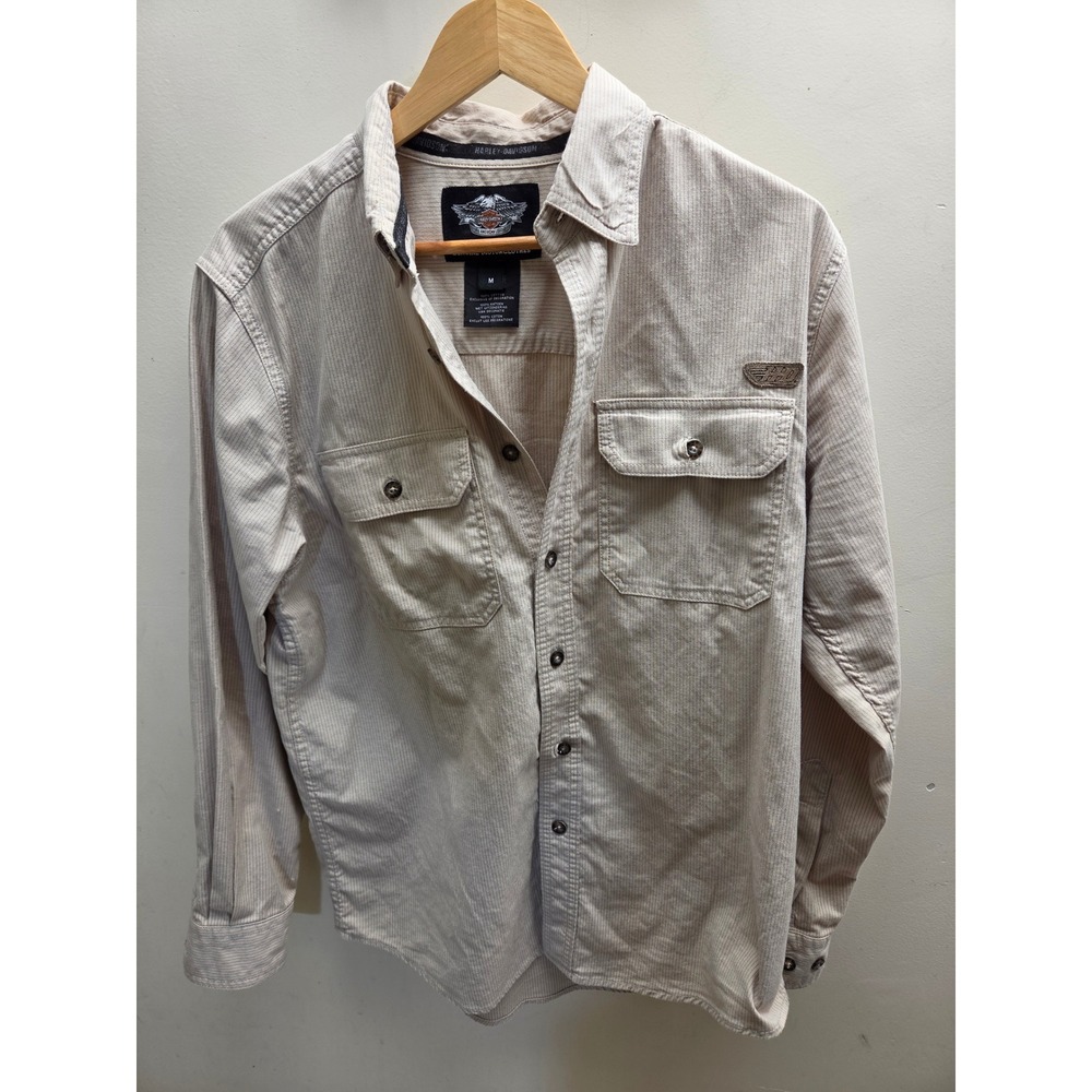 Harley Davidson Mens Tan Pinstripe Cotton Button Down Shirt 99040-13VM Medium